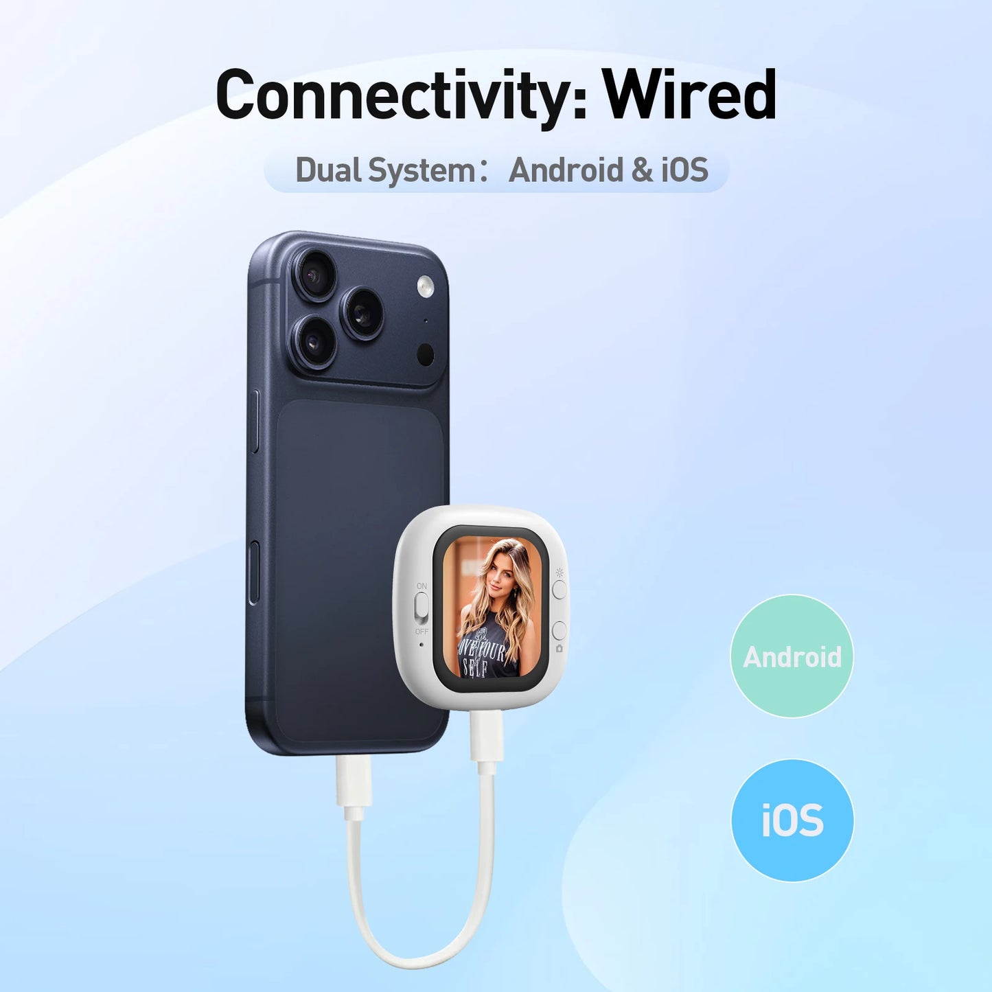 Magnetic selfie screen connected to smartphone showing compatibility with Android and iOS devices.