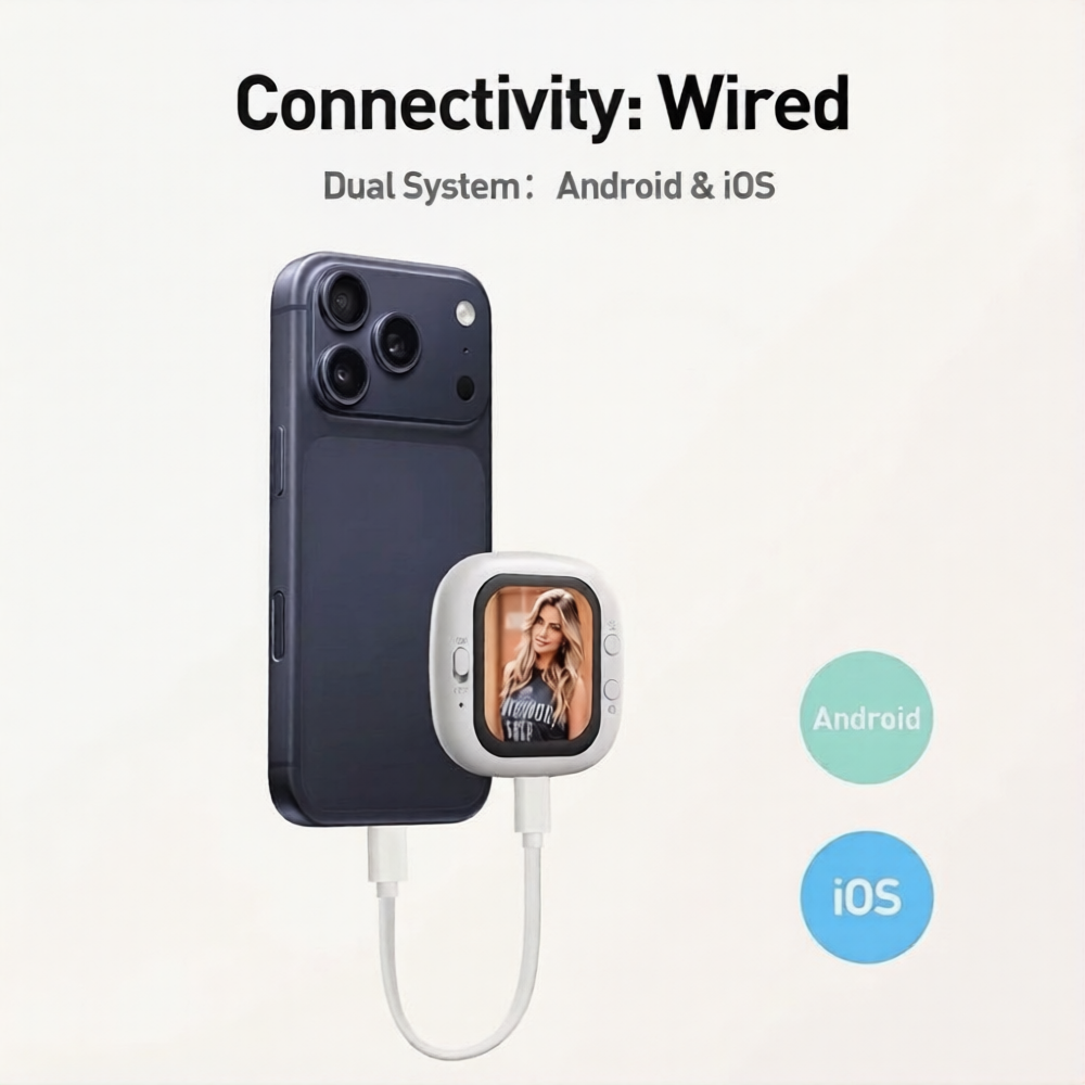 Magnetic selfie screen connected to smartphone showing compatibility with Android and iOS devices.