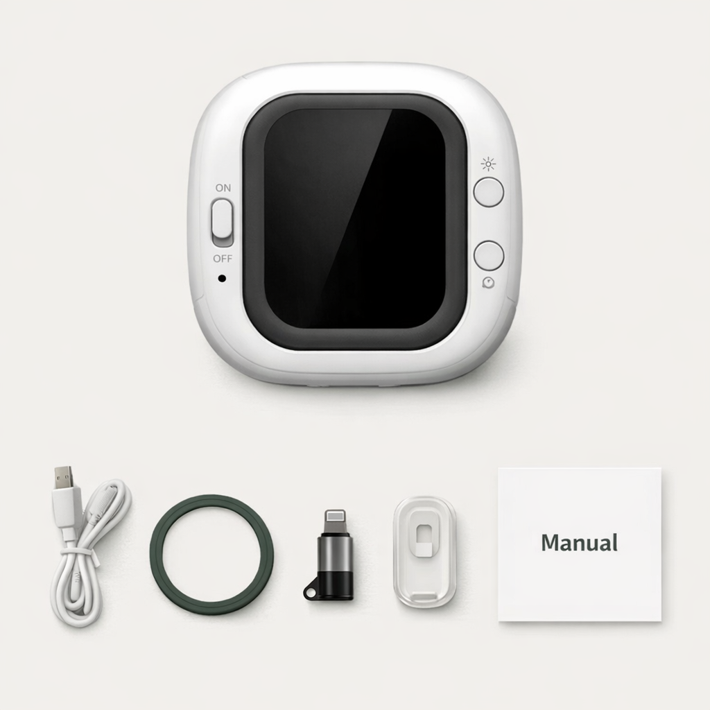 Magnetic smartphone selfie screen with USB cable, magnetic ring, adapter and user manual.