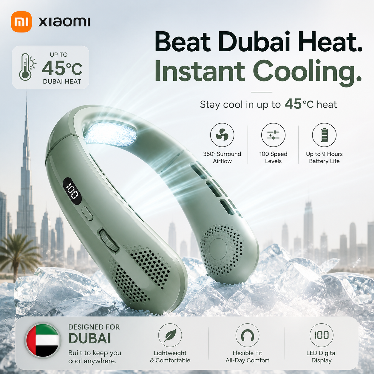 Xiaomi Bladeless Neck Fan – Portable, Rechargeable, Ultra-Quiet Cooling with LED Display