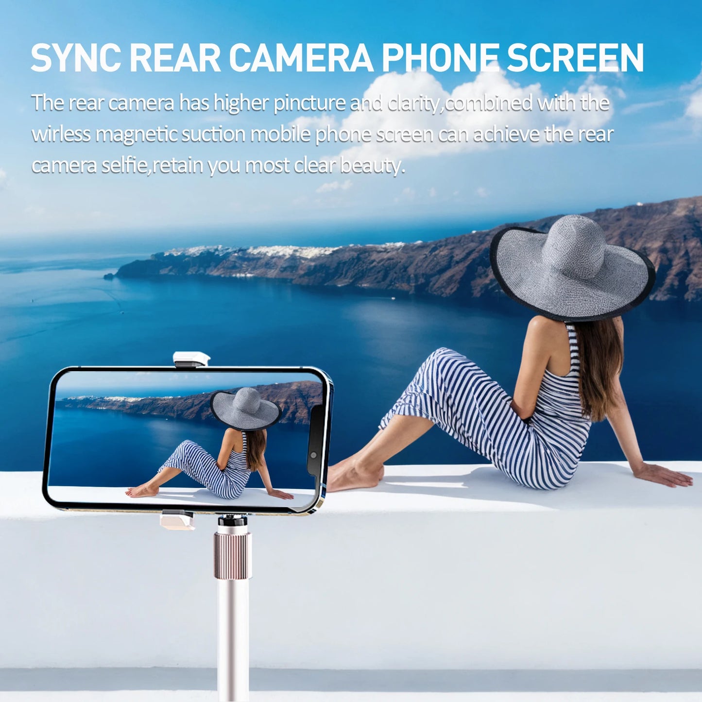Magnetic phone selfie screen attachment showing rear camera preview for vlogging and selfies.