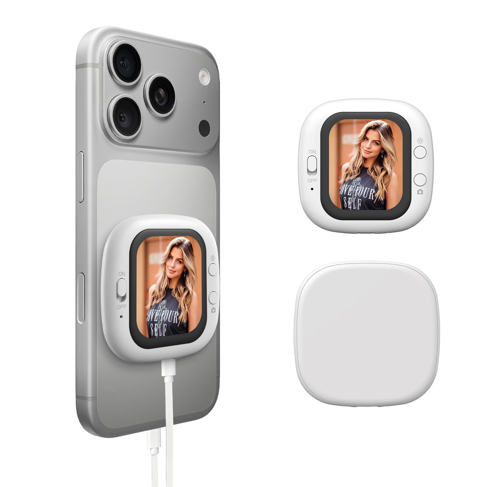 Magnetic phone selfie screen attachment for vlogging and selfies.