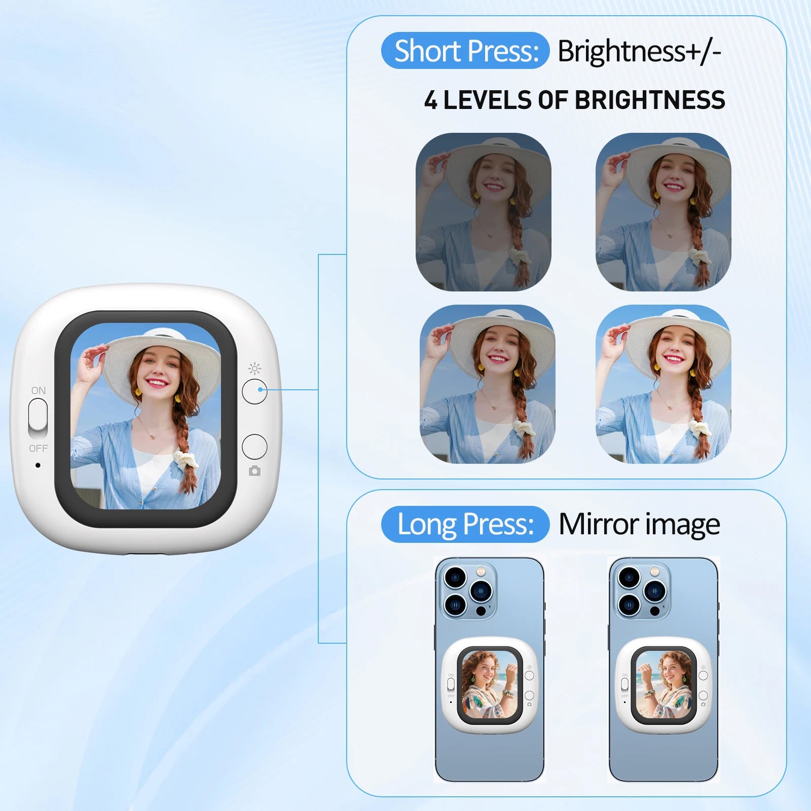 Magnetic phone selfie screen showing brightness control and mirror image function for rear camera selfies.