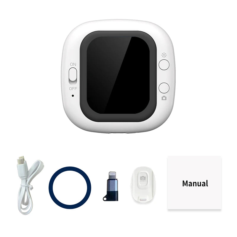 Magnetic smartphone selfie screen with USB cable, magnetic ring, adapter and user manual.