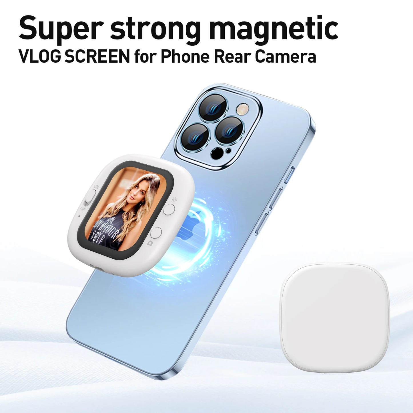 Magnetic phone selfie screen attached to smartphone for rear camera vlogging and selfies.