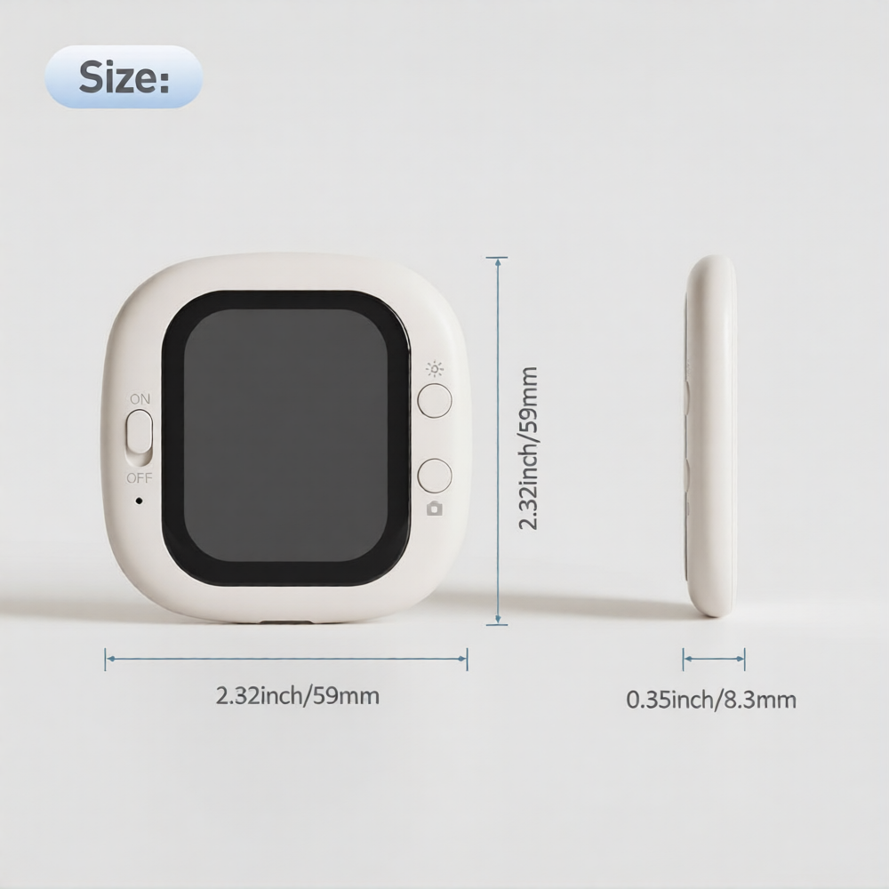 White electronic device with dimensions labeled on a light gray background