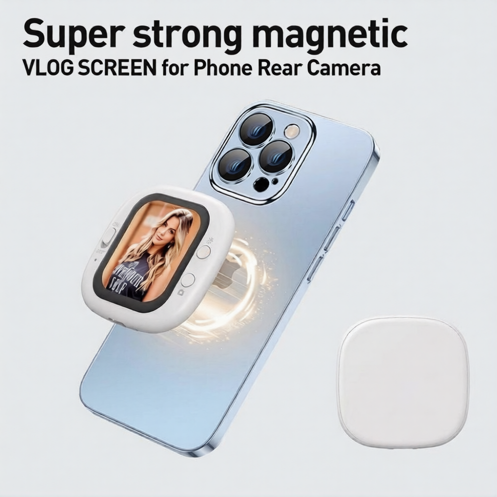 Magnetic phone selfie screen attached to smartphone for rear camera vlogging and selfies.